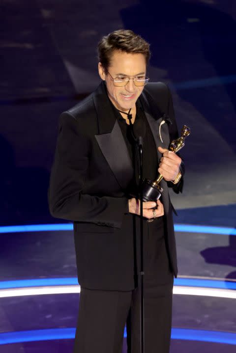 HOLLYWOOD, CALIFORNIA – MARCH 10: Robert Downey Jr. accepts the Best Actor in a Supporting Role for “Oppenheimer” onstage during the 96th Annual Academy Awards at Dolby Theatre on March 10, 2024 in Hollywood, California. (Photo by Kevin Winter/Getty Images)