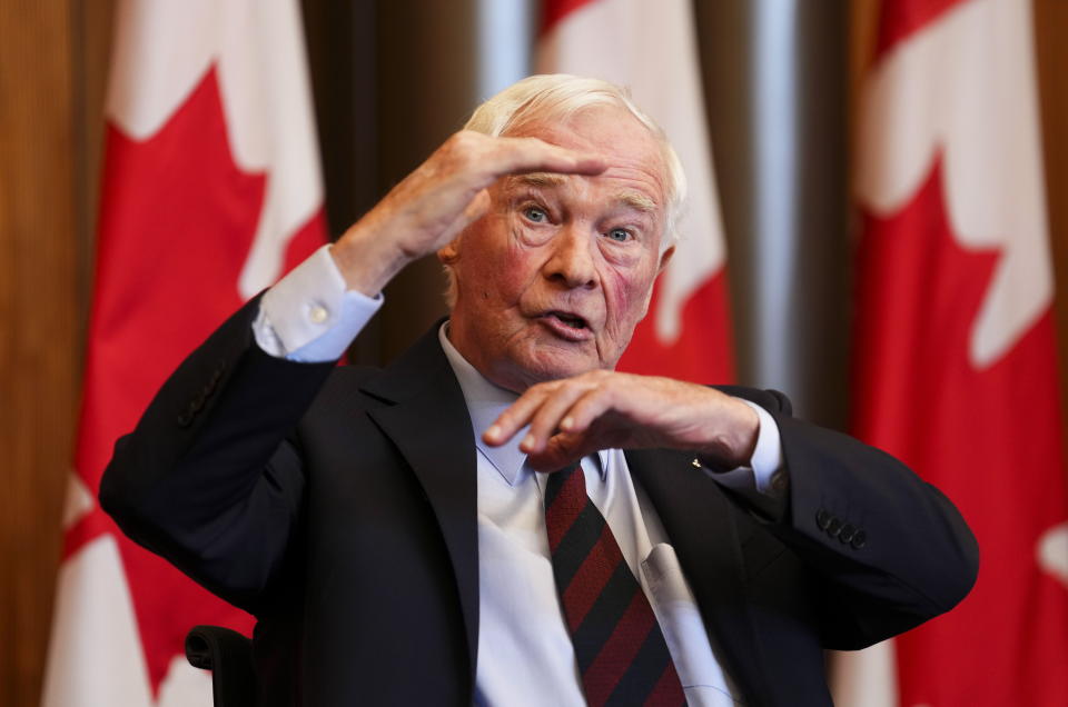 Independent Special Rapporteur on Foreign Interference David Johnston presents his first report in Ottawa, Ontario, on Tuesday, May 23, 2023. Johnston rejected holding a public inquiry into leaked intelligence that alleged China interfered in Canada’s federal elections, drawing allegations of a cover-up from the Conservative opposition. (Sean Kilpatrick/The Canadian Press via AP)