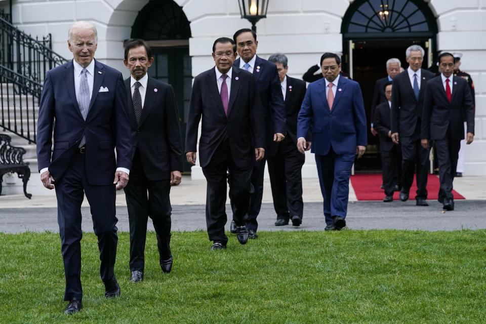 President Joe Biden and leaders from the Association of Southeast Asian Nations (ASEAN) arrive for a group photo on the South Lawn of the White House in Washington, Thursday, May 12, 2022. (AP Photo/Susan Walsh)