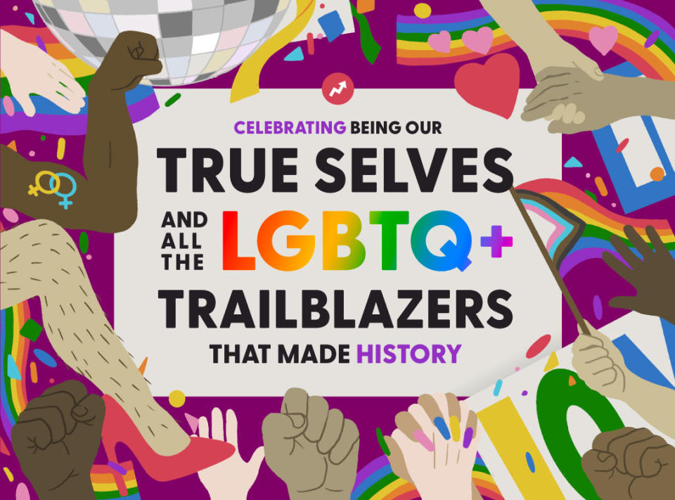 Celebrating being our true selves and all the LGBTQ+ trailblazers that made history; diverse hands raised in celebration around colorful text