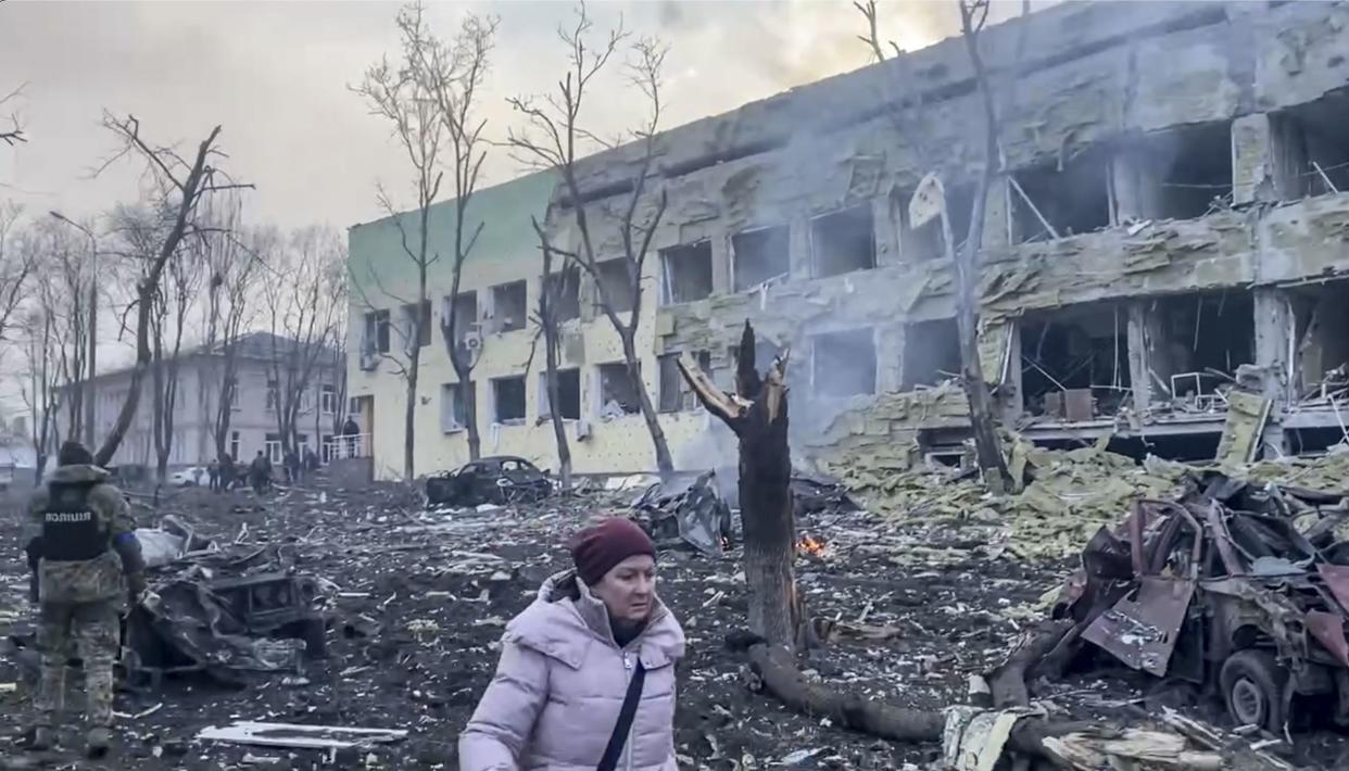 This image taken from video provided by the Mariupol City Council shows the aftermath of Mariupol Hospital after an attack, in Mariupol, Ukraine, Wednesday March 9, 2022. A Russian attack severely damaged the children's hospital and maternity ward in the besieged port city of Mariupol, Ukrainian officials said. President Volodymyr Zelenskyy wrote on Twitter that there were “people, children under the wreckage” of the hospital and called the strike an “atrocity.”