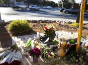 A makeshift memorial to honor Tina Tintor, 23, is seen at South Rainbow Boulevard and Spring Valley Parkway, on Thursday, Nov. 4, 2021, in Las Vegas. Tintor and her dog were killed when former Raiders wide receiver Henry Ruggs, accused of DUI, slammed into the rear of Tintor's vehicle. (Bizuayehu Tesfaye/Las Vegas Review-Journal)