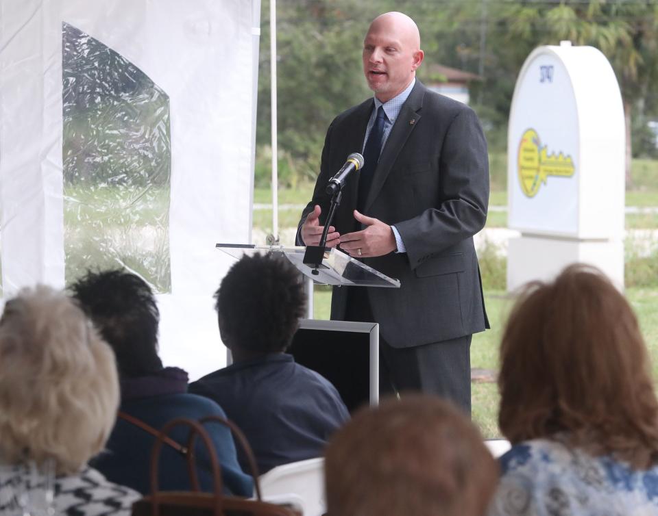 Florida Department of Juvenile Justice Secretary Eric Hall speaks to those gathered Thursday, Nov., 17, 2022, for the ribbon-cutting at the Volusia Family Resource Center.