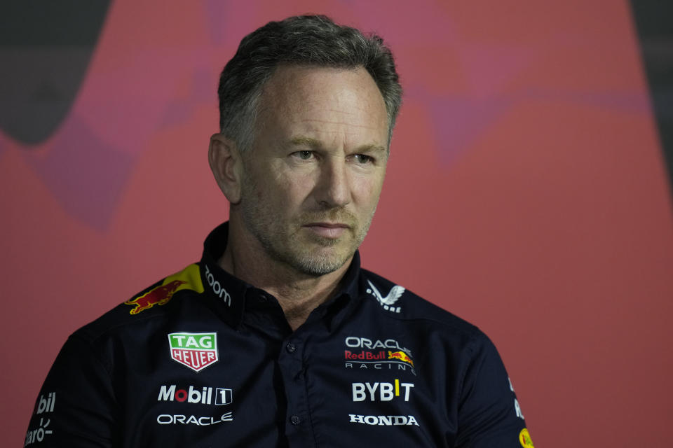 Red Bull team principal Christian Horner listens to a question during a news conference after the first Formula One practice session at the Jeddah Corniche Circuit in Jeddah, Saudi Arabia, Thursday, March 7, 2024. The Saudi Arabian Grand Prix will be held on Saturday, March 9, 2024. (AP Photo/Darko Bandic)