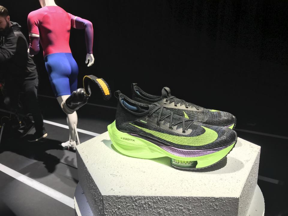 In this Wednesday, Feb. 5, 2020 photo, Nike’s Air Zoom Alphafly Next% running shoe is displayed at the Nike 2020 Forum in New York. Eliud Kipchoge, of Kenya, wore a prototype of the shoe when he ran the world's first sub-2-hour marathon in an unofficial race in October. (AP Photo/Alexandra Olson)