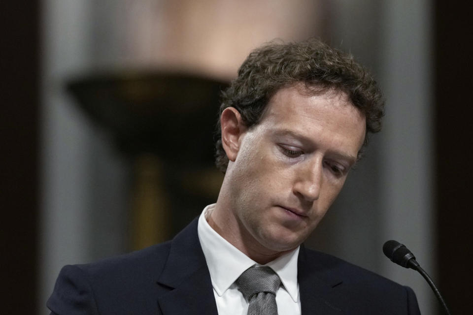 Meta CEO Mark Zuckerberg listens during a Senate Judiciary Committee hearing with other social media platform heads on Capitol Hill in Washington, Wednesday, Jan. 31, 2024, to discuss child safety online. (AP Photo/Susan Walsh)