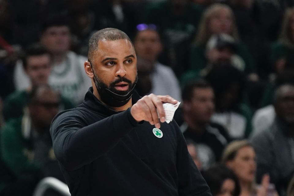 Boston Celtics head coach Ime Udoka reacts during the first half of Game 6 of an NBA basketball Eastern Conference semifinals playoff series Friday, May 13, 2022, in Milwaukee . (AP Photo/Morry Gash)