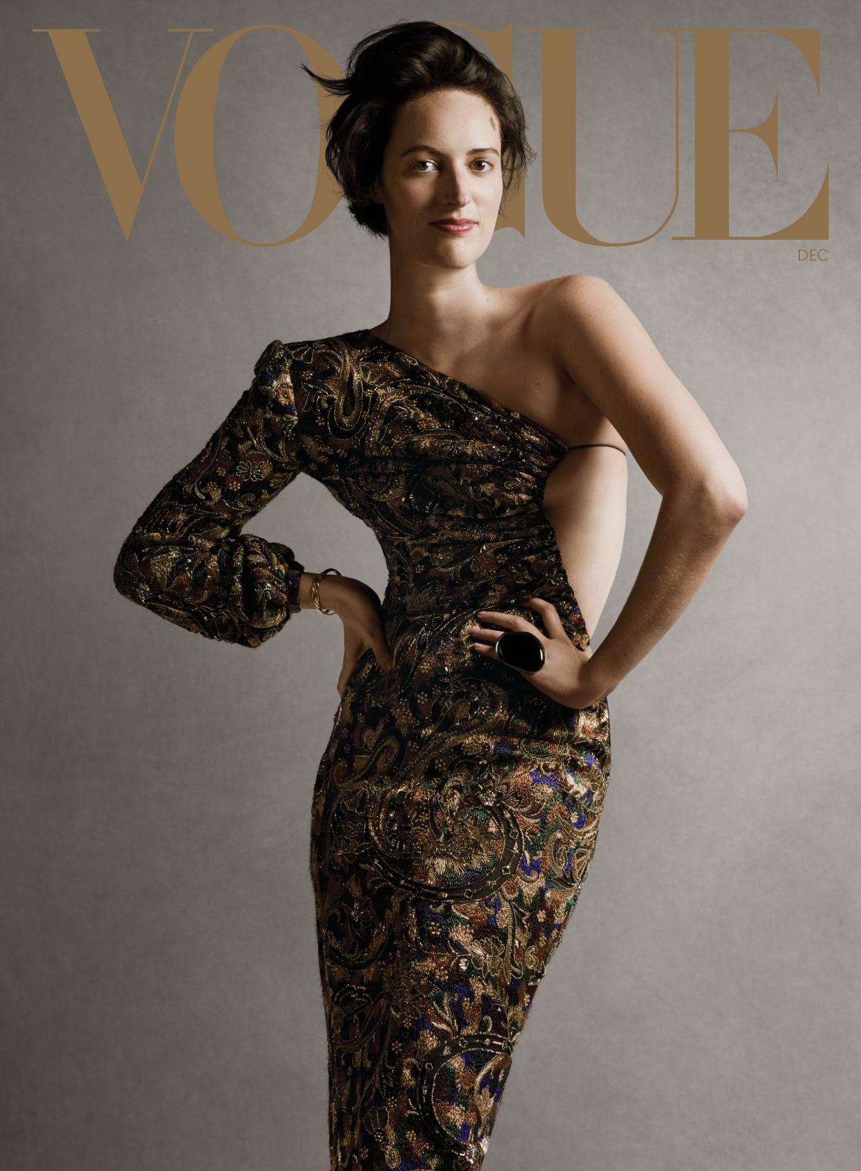 COVER LOOK  
Phoebe Waller-Bridge wears a Saint Laurent by Anthony Vaccarello dress. Dries Van Noten ring. Nikos Koulis bracelet. To get this look, try: Even Better Makeup Foundation in WN 16 Buff, Beyond Perfecting Foundation + Concealer CN 10 Alabaster, Stay-Matte Sheer Pressed Powder in Invisible Matte, Brow Keeper in Warm Brown, High Impact Mascara in Black/Brown, and Even Better Pop Lip Colour Foundation in 03 Romanced. All by Clinique. Hair, Orlando Pita; makeup, Aaron de Mey. Fashion Editor: Tonne Goodman.