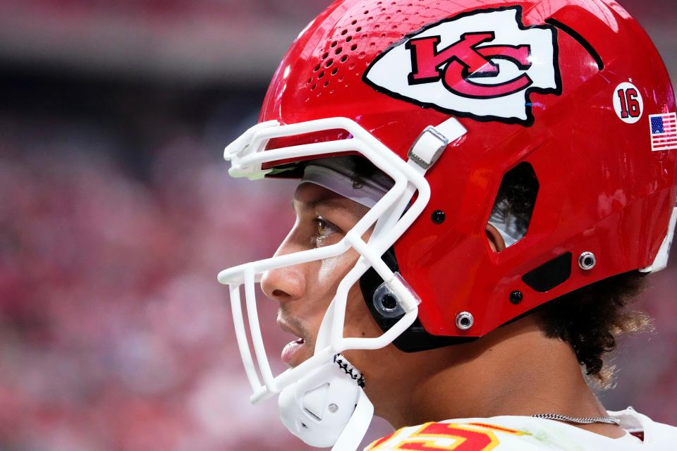 Sep 11, 2022; Glendale, Arizona, USA; Kansas City Chiefs quarterback Patrick Mahomes (15) prepares to go back into the game against the Arizona Cardinals in the second half of the season opener at State Farm Stadium.