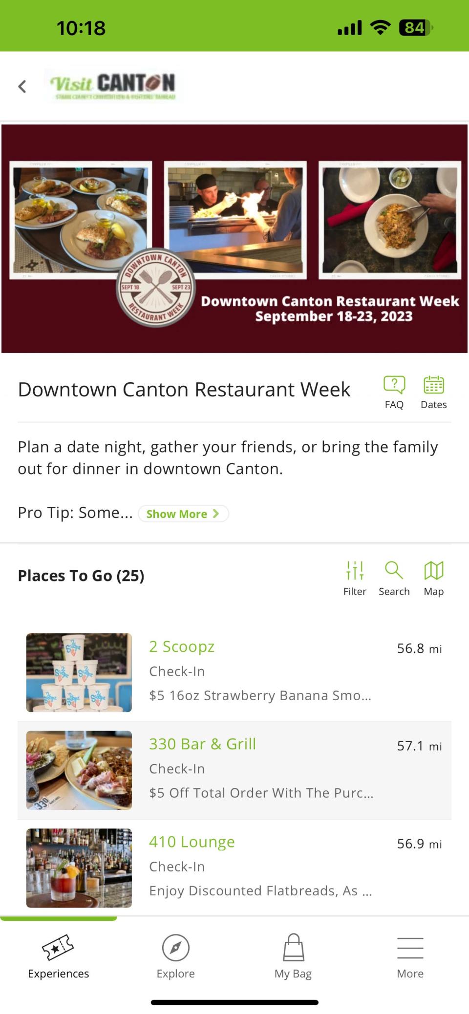 An app that lists the deals for the 2023 Downtown Canton Restaurant Week is available at cantoneats.com. The Visit Canton app is required to get the special discounts.