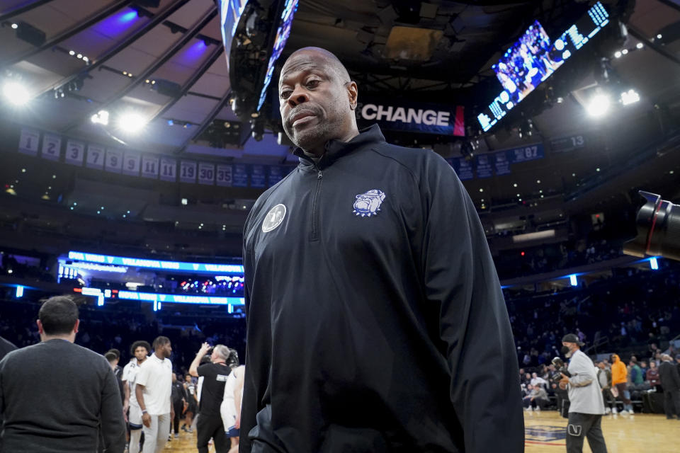 FILE - Georgetown head coach Patrick Ewing walks off the court after an NCAA college basketball game against Villanova during the first round of the Big East Conference Tournament, Wednesday, March 8, 2023, in New York. Ewing was fired as men’s basketball coach at Georgetown, Thursday, March 9, 2023, after the latest in a series of rough seasons at the school he led to a national championship as a player in the 1980s. (AP Photo/John Minchillo, File)