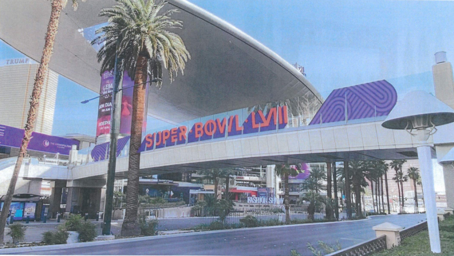 Expected marketing screens the NFL plans to install over pedestrian bridges along the Las Vegas Strip for Super Bowl LVIII. (NFL)