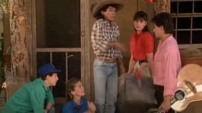 The cast of "Hey Dude" talking on the ranch