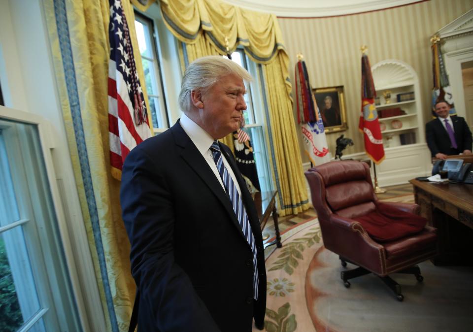 U.S. President Donald Trump (L) stands in the Oval Office with Chief of Staff Reince Priebus following an interview with Reuters at the White House in Washington, U.S., April 27, 2017. REUTERS/Carlos Barria