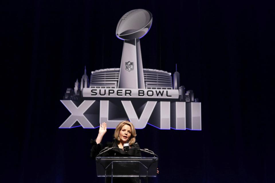 Opera singer Renee Fleming who will sing the National Anthem before the NFL Super Bowl XLVIII football game speaks during a press conference Thursday, Jan. 30, 2014, in New York. (AP Photo/)