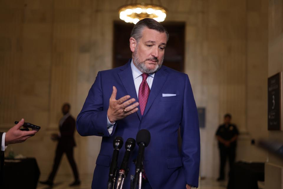 U.S. Sen. Ted Cruz (R-Tex.) speaks to members of the press outside the “AI Insight Forum” at the Russell Senate Office Building on Capitol Hill on September 13, 2023 in Washington, D.C.