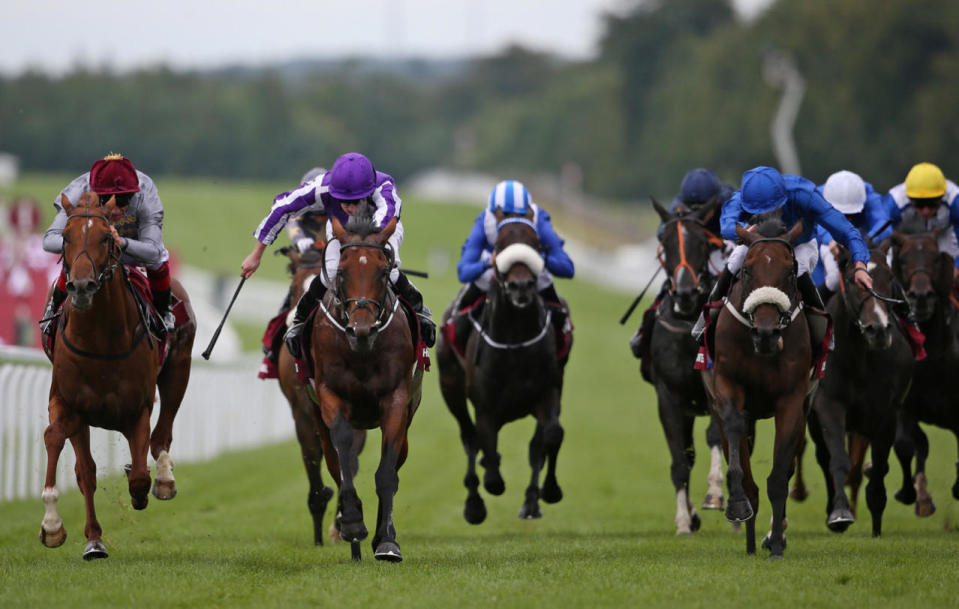 <p>Ryan Moore riding The Gurkha (2L, purple) win The Qatar Sussex Stakes from Galileo Gold and Frankie Dettori (L) at Goodwood on July 27, 2016 in Chichester, England. (Photo: Alan Crowhurst/Getty Images)</p>