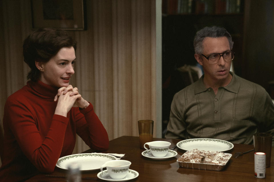 This image released by Focus Features shows Anne Hathaway, left, and Jeremy Strong in a scene from "Armageddon Time." (Focus Features via AP)