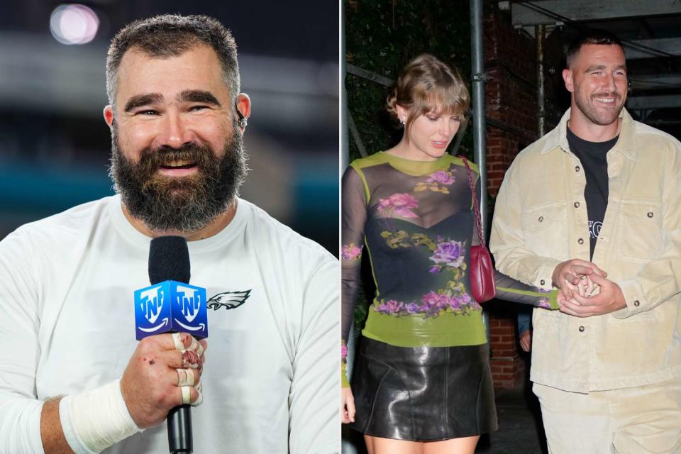 <p>Cooper Neill/Getty, Gotham/GC Images</p> Jason Kelce, Taylor Swift,Travis Kelce 