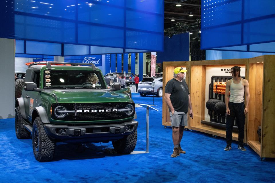 DETROIT, MICHIGAN, USA - SEPTEMBER 16: The Ford Bronco sits on display at the North American International Auto Show, now open to the public at the Huntington Place in Detroit, Michigan on September 16, 2023. This year's event showcases the latest models from auto manufacturers around the globe. With a large focus on electric vehicles from major manufacturers like Ford, GM, Stellantis, Toyota and more, the auto show also features innovative concept designs like Alef's flying car. (Photo by Adam J. Dewey/Anadolu Agency via Getty Images)