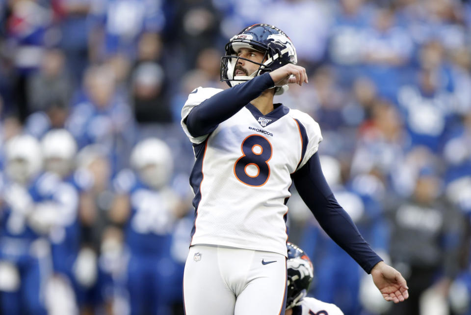 Denver Broncos' Brandon McManus watches his field goal during the first half of an NFL football game against the Indianapolis Colts, Sunday, Oct. 27, 2019, in Indianapolis. (AP Photo/Michael Conroy)