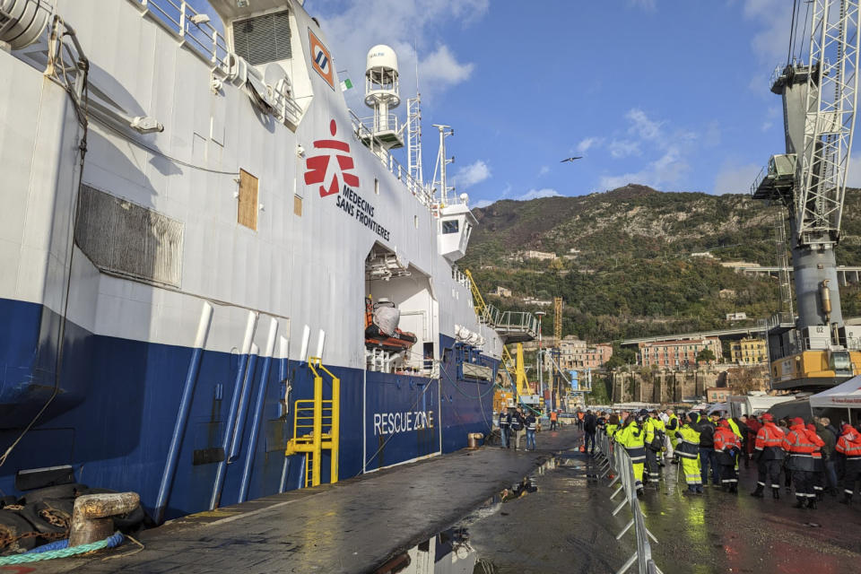 The Geo Barents rescue ship carrying on board rescued migrants in the mediterranean sea is dock at the Salerno harbor, Italy, Sunday, Dec. 11, 2022. (MSF Via AP)