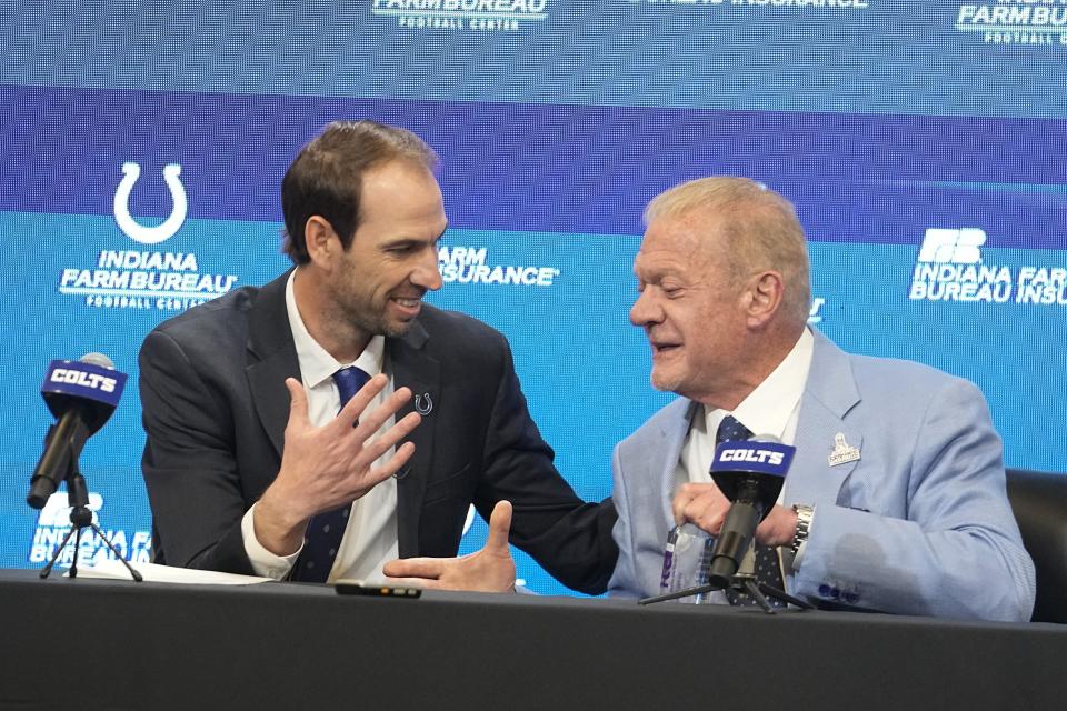 Shane Steichen shakes hand with Indianapolis Colts owner Jim Irsay during a news conference, Tuesday, Feb. 14, 2023, in Indianapolis. Steichen was introduced as the Colts new head coach. (AP Photo/Darron Cummings)