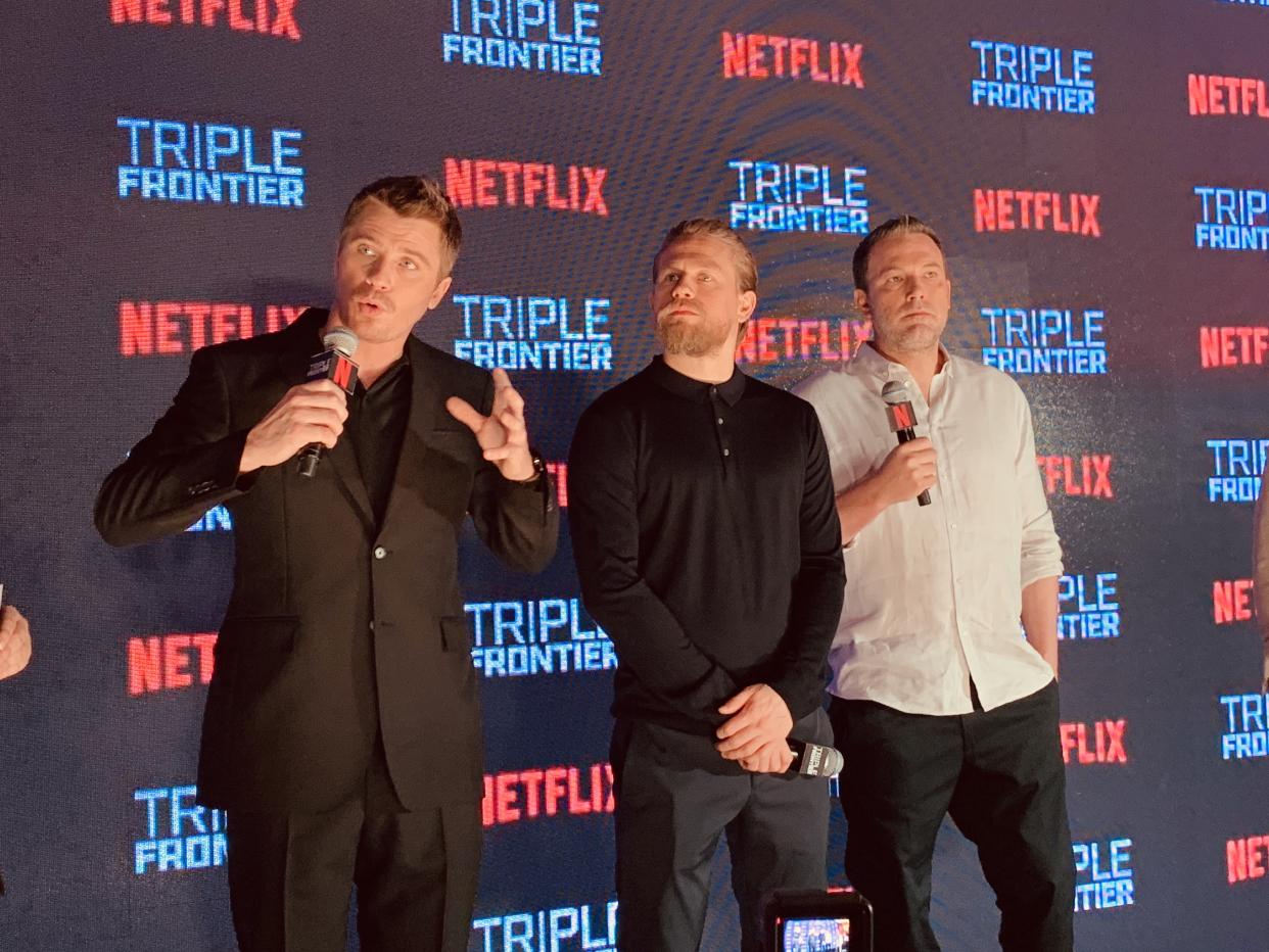 (From left to right) Actors Garrett Hedlund, Charlie Hunnam and Ben Affleck at a fan event in Singapore to promote Netflix film “Triple Frontier”. (PHOTO: Teng Yong Ping/Yahoo Lifestyle Singapore)