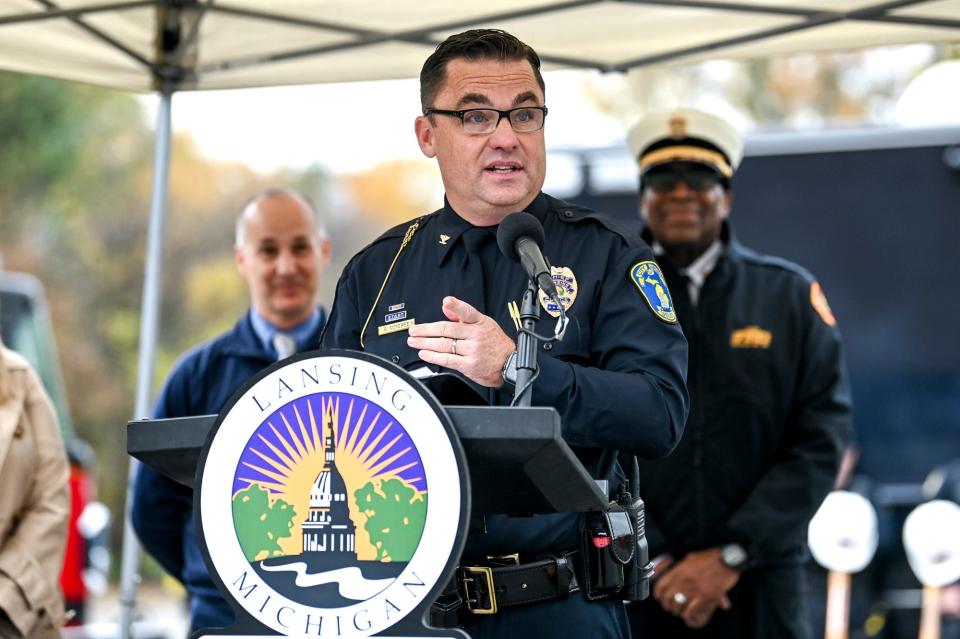 Lansing Police Chief Ellery Sosebee speaks during a groundbreaking ceremony for a new public safety campus on Thursday, Oct. 26, 2023, in Lansing. The new facilities will include the Lansing Police Department's headquarters and the city's lockup, a relocated fire station and the 54A District Court.