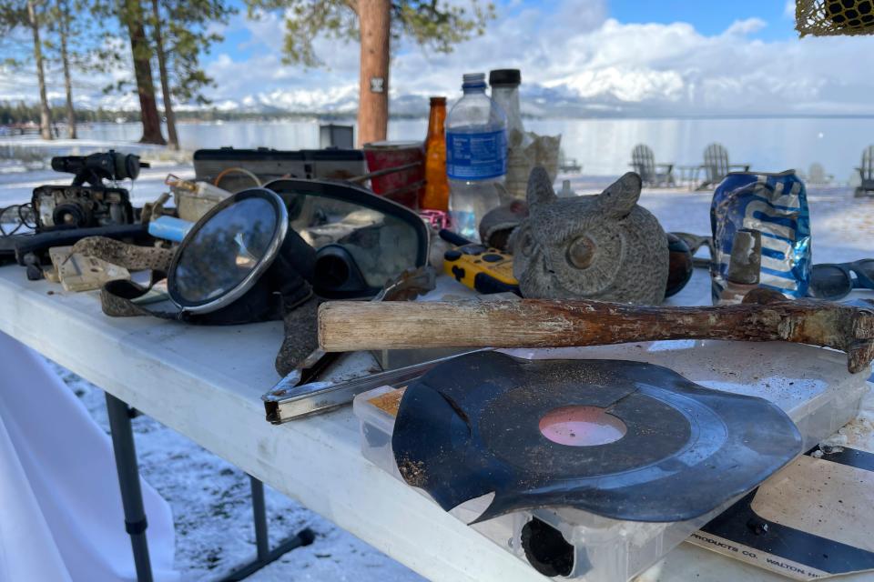 Debris and garbage collected during the year-long Lake Tahoe cleanup are displayed. 