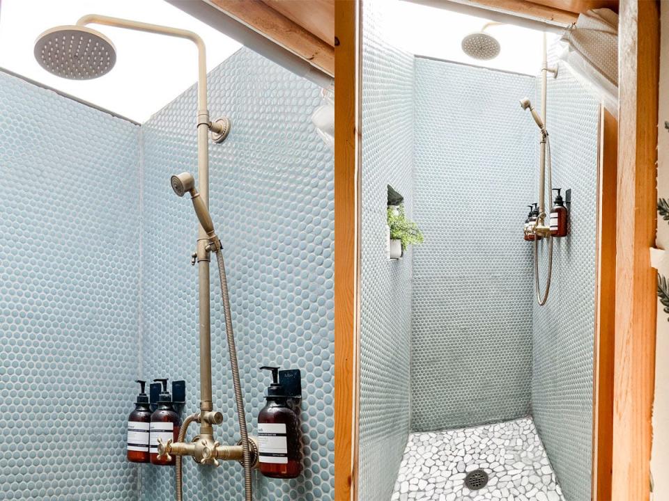 shower in kristin reid's converted school bus, shower head on the left and wider shot of shower on the right