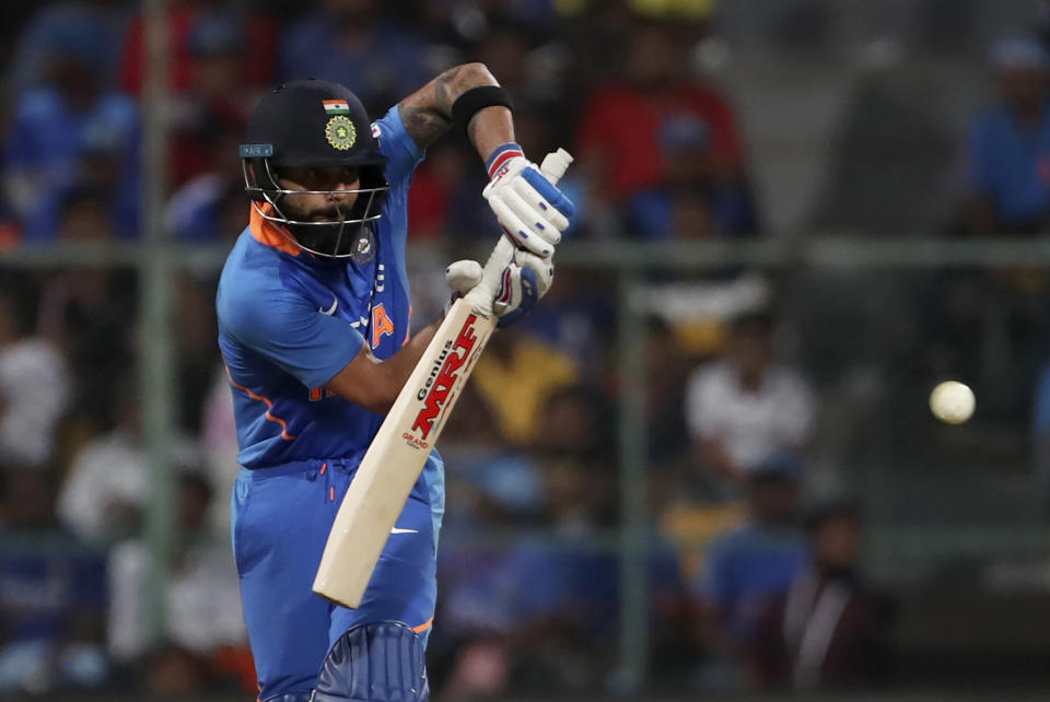 India's captain Virat Kohli bats during the third one-day international cricket match between India and Australia in Bangalore, India, Sunday, Jan. 19, 2020. (AP Photo/Aijaz Rahi)