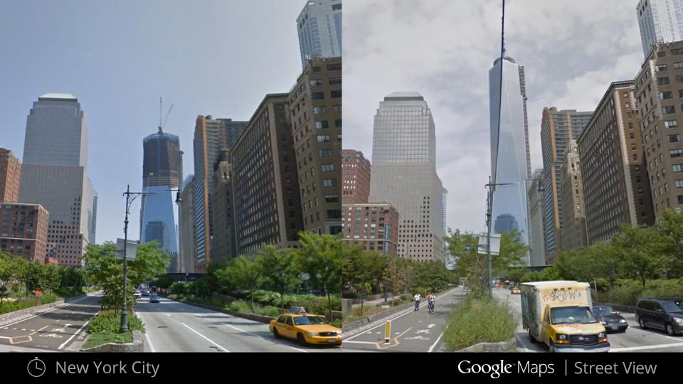 This illustration provided by Google highlights a new Google Maps Street View snapshots feature, which allow users to see what specific neighborhoods and landmarks looked like at different periods during the past seven years that Google Inc. has been dispatching camera-toting cars to take pictures for its maps. This image shows what the under construction One World Trade Center in New York looked like in April 2009, left, and August 2013, right. (AP Photo/Google)