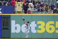 Boston Red Sox right fielder Wilyer Abreu catches a ball hit by Cleveland Guardians' Jose Ramirez during the first inning of a baseball game against the XXX, Wednesday, April 24, 2024, in Cleveland. (AP Photo/David Dermer)