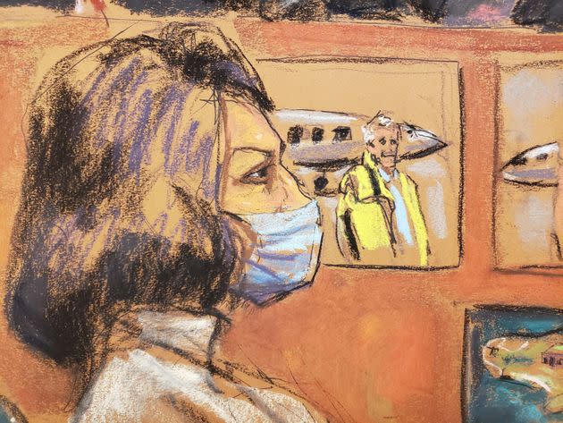 Ghislaine Maxwell is seen in a courtroom sketch in New York City on Tuesday. She has denied the sex abuse allegations against her.  (Photo: JANE ROSENBERG via Reuters)