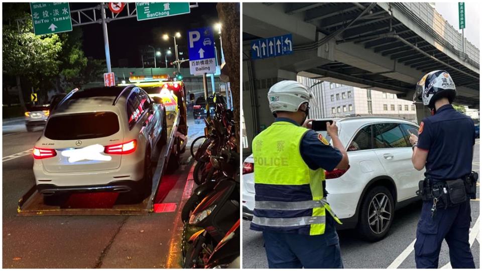 何如芸駕車途中白天被機車擦撞（右圖），晚上車子又爆胎。（圖／翻攝何如芸臉書）