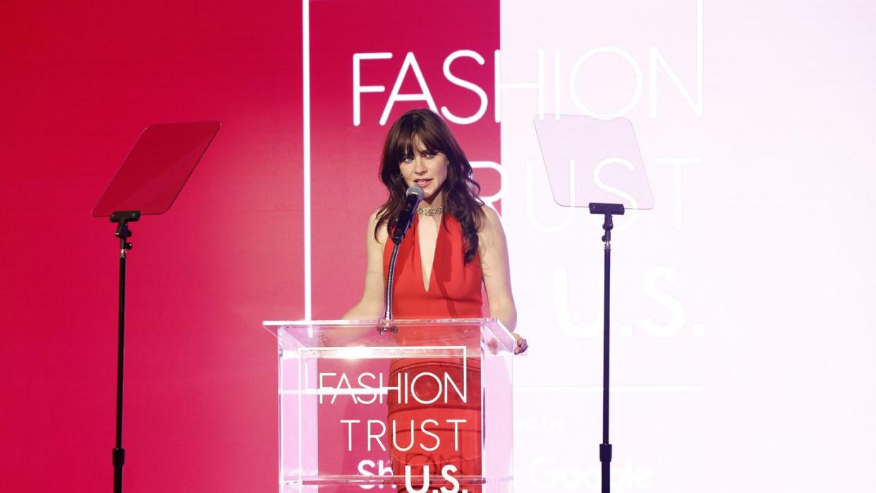 beverly hills, california april 09 zooey deschanel speaks onstage during the fashion trust us awards 2024 on april 09, 2024 in beverly hills, california photo by stefanie keenangetty images for fashion trust us