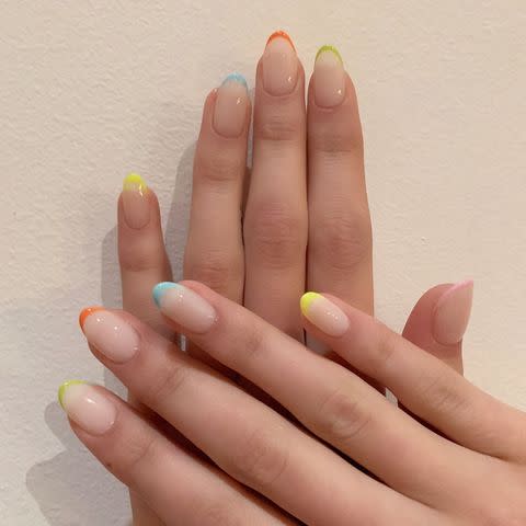 <p>If you find full nail color a little overwhelming, try adding a pop of color along the tip of your nails. Bonus points if you go for a pastel palette. </p><p><a href="https://www.instagram.com/p/B6DjUUUggVj/&hidecaption=true" rel="nofollow noopener" target="_blank" data-ylk="slk:See the original post on Instagram;elm:context_link;itc:0;sec:content-canvas" class="link ">See the original post on Instagram</a></p>