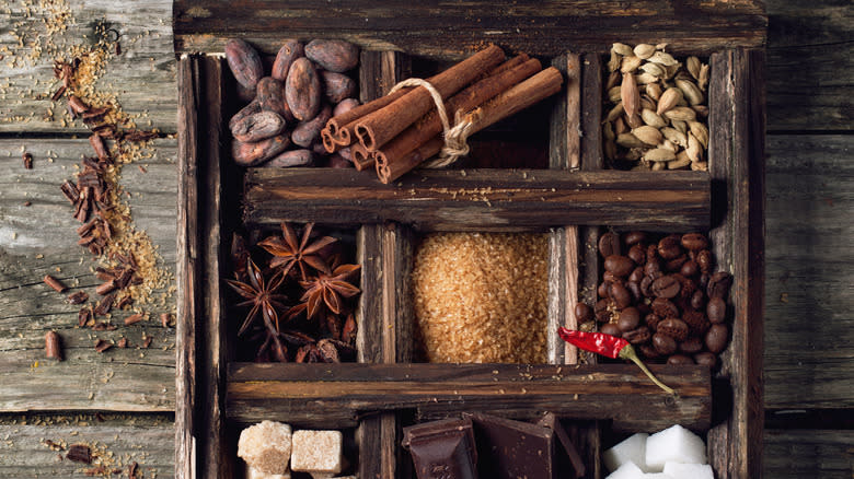 Box with cacao, cinnamon, cardamom, and spices