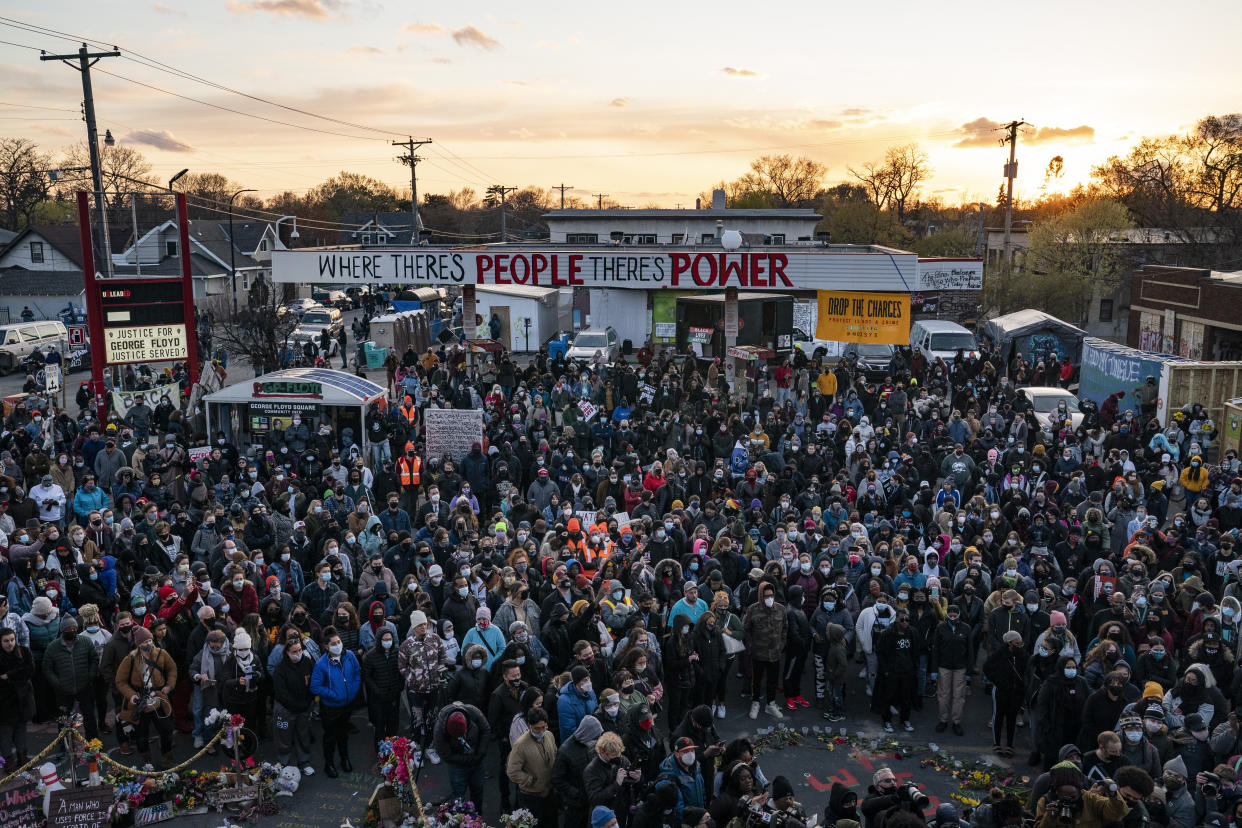 Demonstrators gather In Geworge Floyd Square after the conviction of former Minneapolis police officer Derek Chauvin. (John Minchillo/AP)