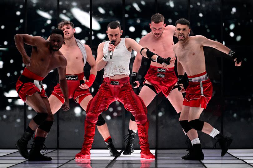 British singer Oliver Alexander Thornton aka Olly Alexander representing the United Kingdom with the song "Dizzy" performs during the dress-rehearsal on the eve of the final of the 68th Eurovision Song Contest (ESC) 2024 on May 10, 2024 at the Malmo Arena in Malmo, Sweden.