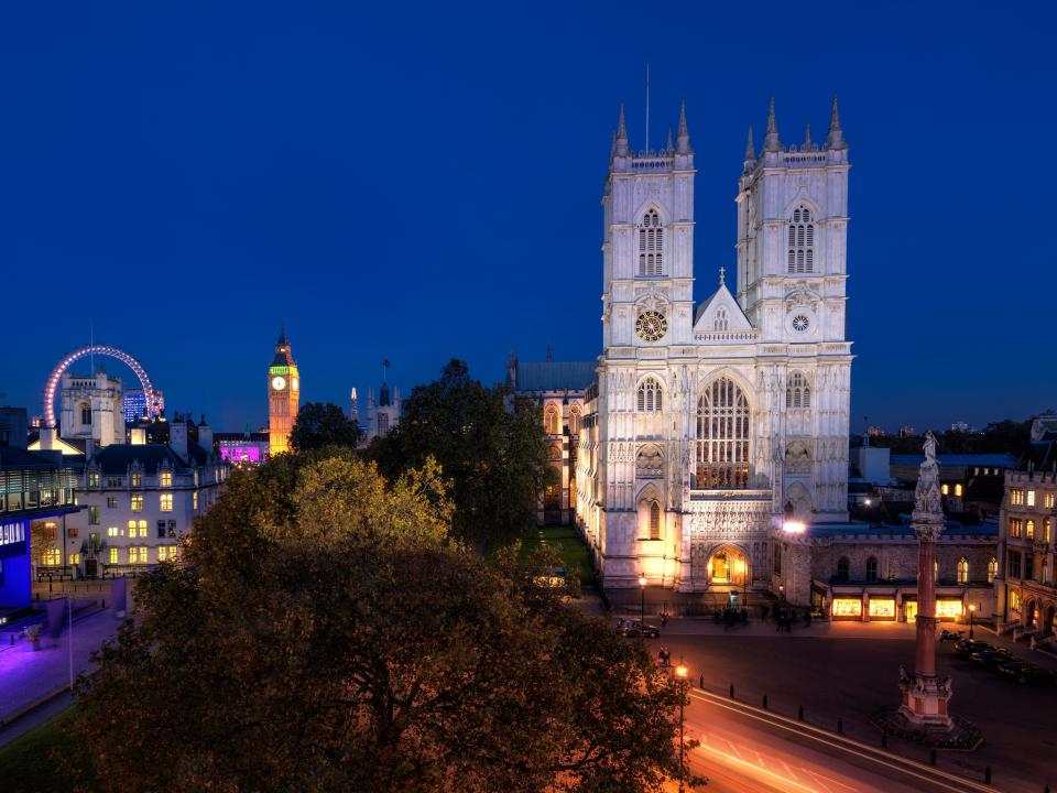 Westminster Abbey at dusk.