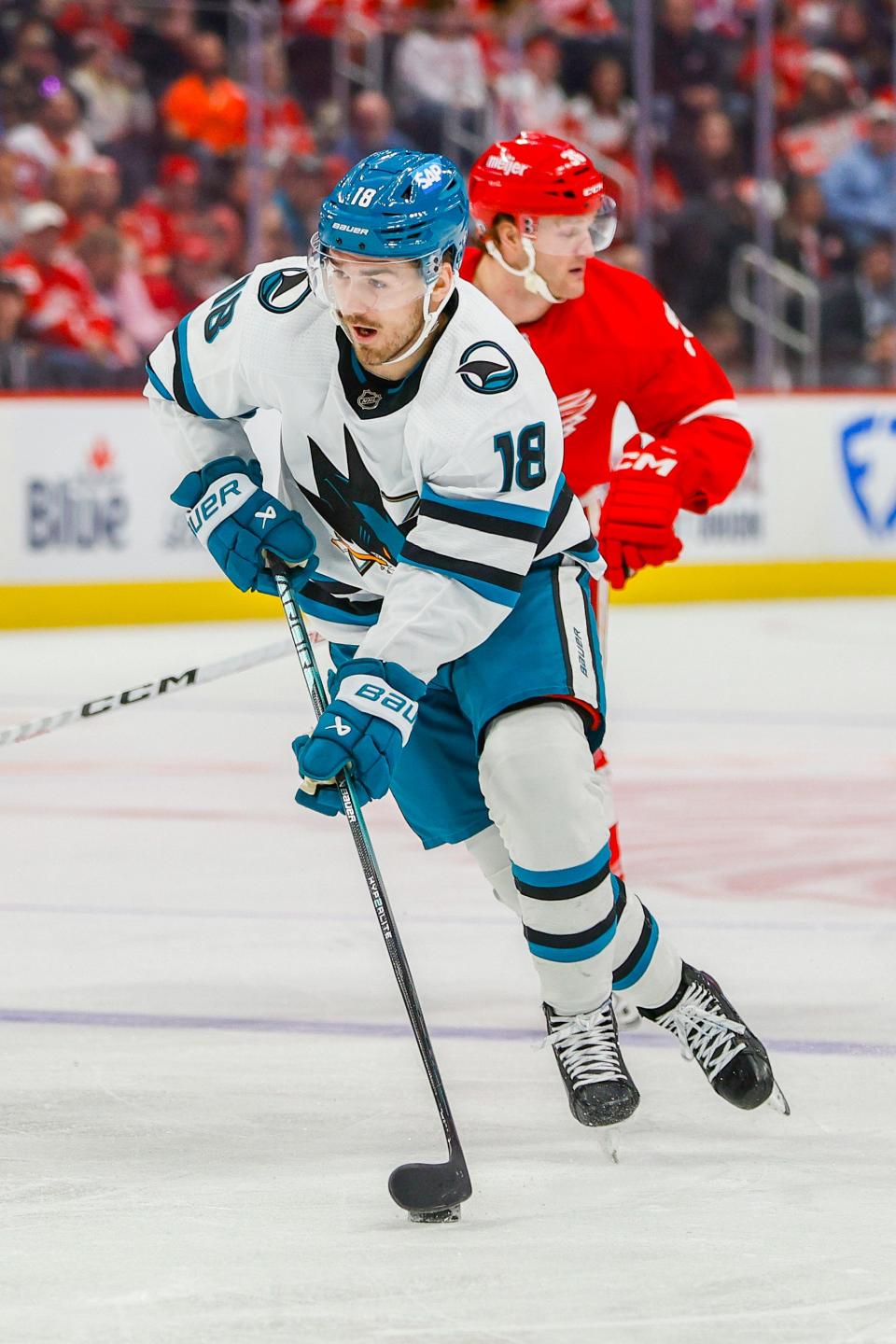 San Jose Sharks right wing Filip Zadina (18) handles the puck during the first period at Little Caesars Arena in Detroit on Thursday, Dec. 7, 2023.