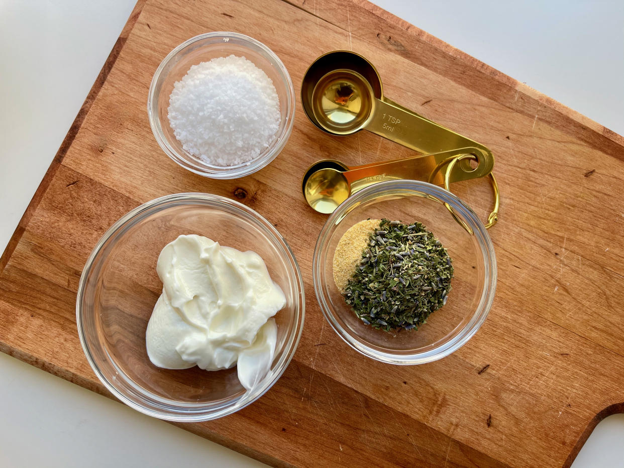 Marinate your tenderloin in yogurt and salt, then roll it in your spices of choice — here, I used herbes de Provence and garlic powder. (Ali Rosen)