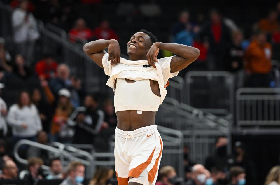 Texas Longhorns guard Andrew Jones (1) reacts after the Longhorns defeated the Virginia Tech Hokies in the first round.