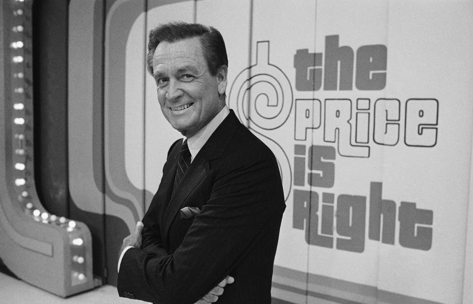 FILE - Television host Bob Barker appears on the set of his show, 'The Price is Right' in Los Angeles on July 25, 1985. Actor-comedian Drew Carey replaced Barker on “The Price is Right” in 2007. (AP Photo/Lennox McLendon, File)