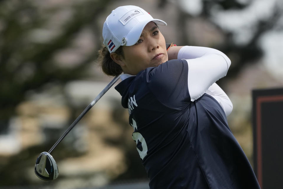 Thailand's Ariya Jutanugarn hits from the fourth tee at the International Crown match play golf tournament in San Francisco, Thursday, May 4, 2023. (AP Photo/Jeff Chiu)
