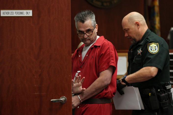 Michael Despres, 58, of Sebastian, waves goodbye to family members after appearing before Charles “Tony” Schwab, the chief judge of the 19th Judicial Circuit on Monday, April 24, 2023, during sentencing for his 2021 murder of fiancée, Jeanine Bishop. Despres pleaded no contest to first degree murder with a weapon.