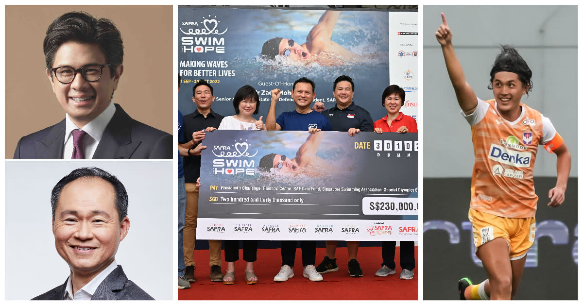 (From left) Singapore Sports Hub's new chairman Keith Magnus and CEO Quek Swee Kuan, Safra's Swim for Hope, and Albirex Niigata's Masaya Idetsu scoring in the Singapore Cup. (PHOTOS: SportSG/SSA/SPL)