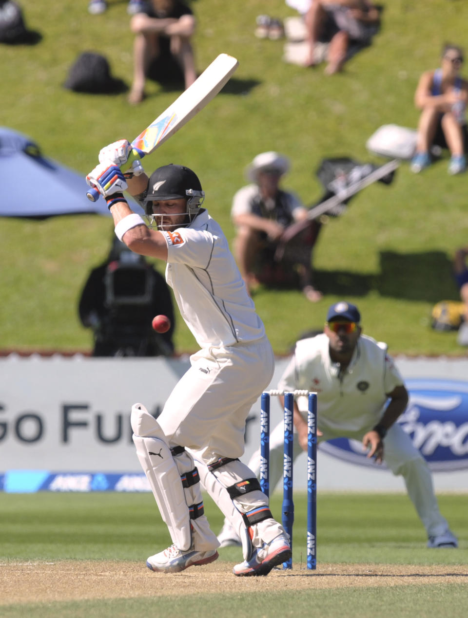 New Zealand’s Brendon McCullum lets a ball through against India on the fourth day of the second cricket test at Basin Reserve in Wellington, New Zealand, Monday, Feb. 17, 2014. (AP Photo/SNPA, Ross Setford) NEW ZEALAND OUT